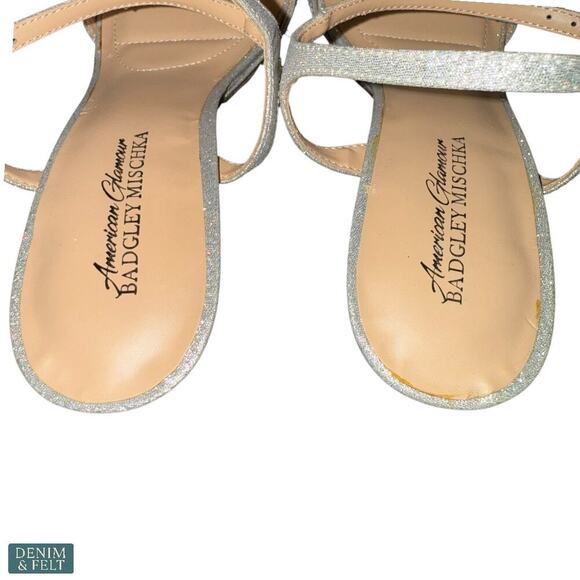 Badgley Mischka Silver Glitter Heels Sandals 10W Rhinestone Ankle Strap Dressy - Picture 9 of 16